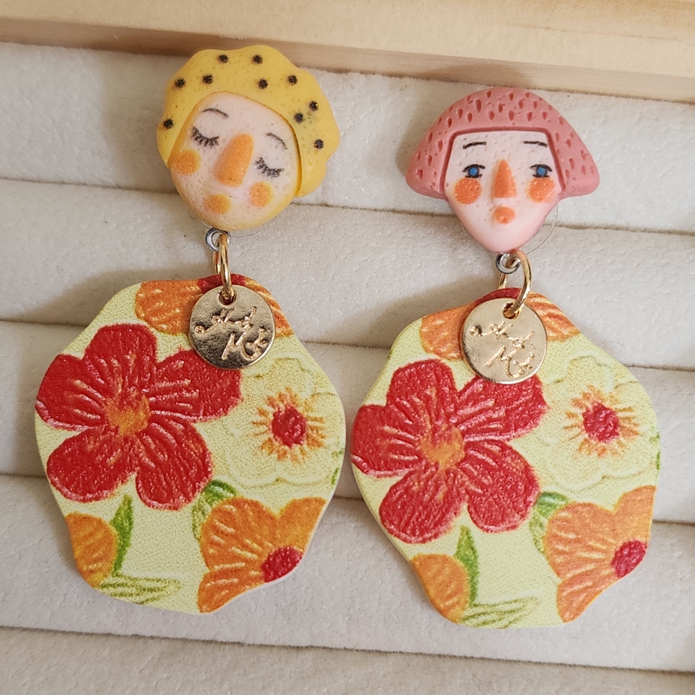 3/$25 Whimsical Floral Face Dangle Earrings Abstract Folk Art Drop Jewelry